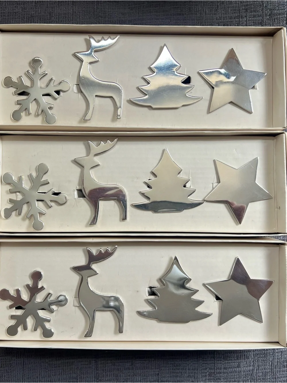 VTG Pier 1 Imports Silver Christmas Napkin Rings Set of 12 Reindeer Snowflake